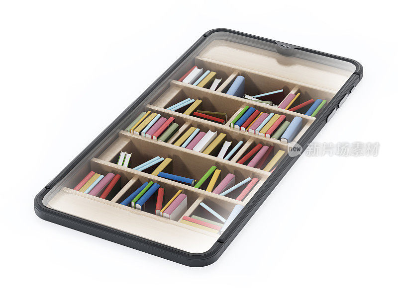 各种书籍在书架内的通用智能手机。E-learning, online education或online shopping的概念